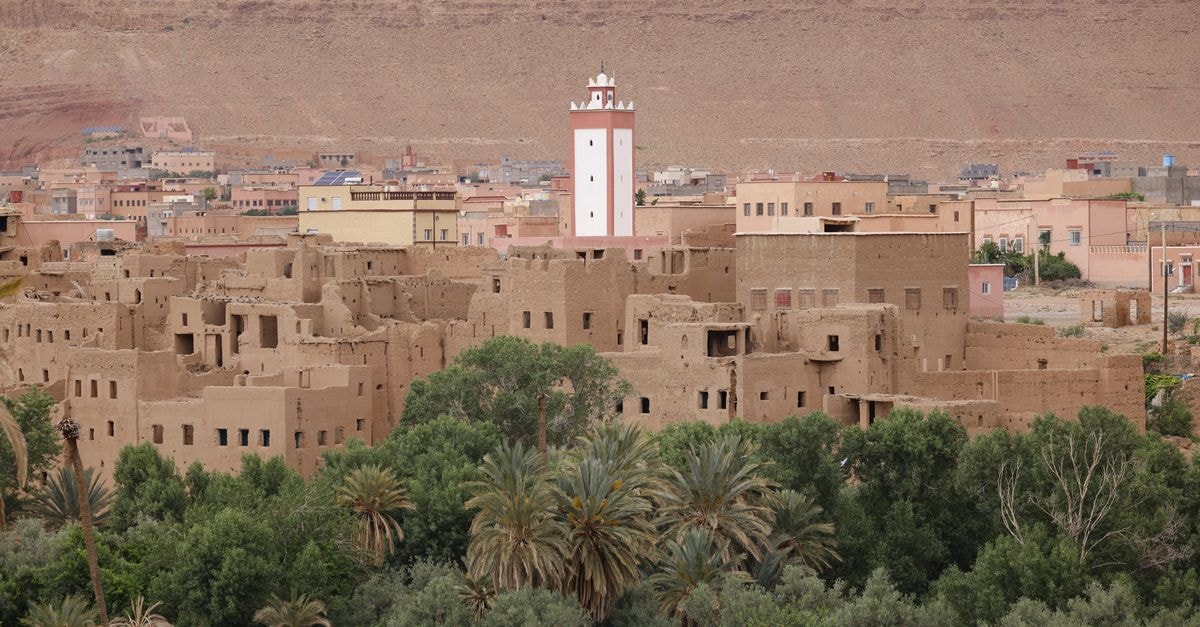 Jendouba Travel Guide: Nature, Heritage and Slow Days A picturesque view of Tinghir town with sandy buildings and lush palm trees in the Moroccan desert.