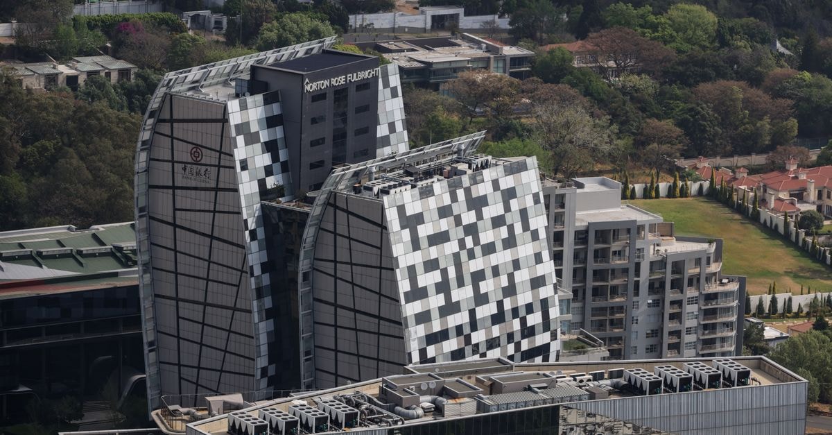 Aerial shot of striking modern architecture in Johannesburg's Sandton district.