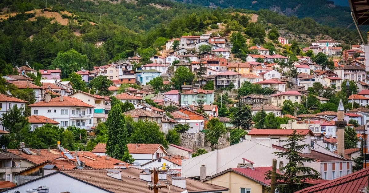 A vibrant hillside village with red-tiled roofs surrounded by lush green forests in daylight.