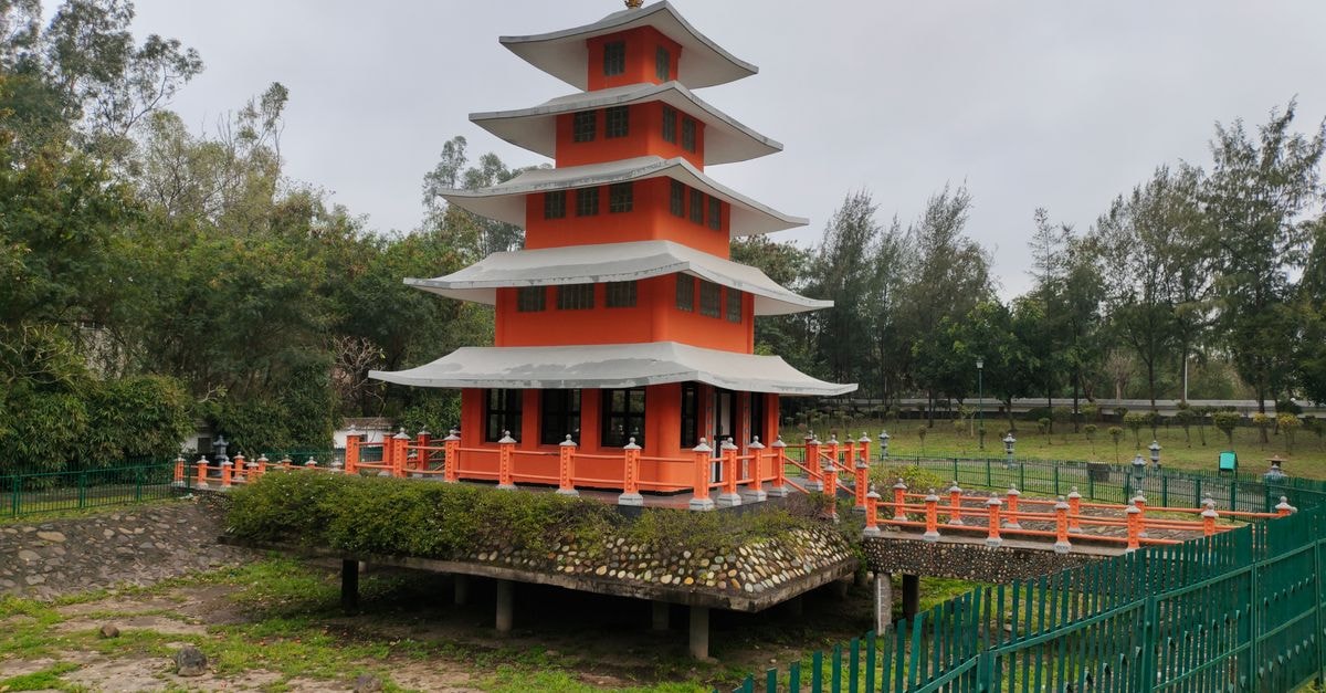 Scenic view of the Japanese pagoda in Chandigarh's Rock Garden, India.