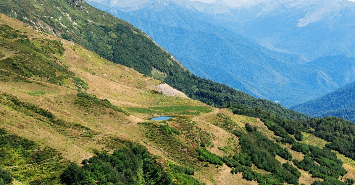Stunning aerial view of lush green mountainous terrain in Гагра, showcasing natural beauty.
