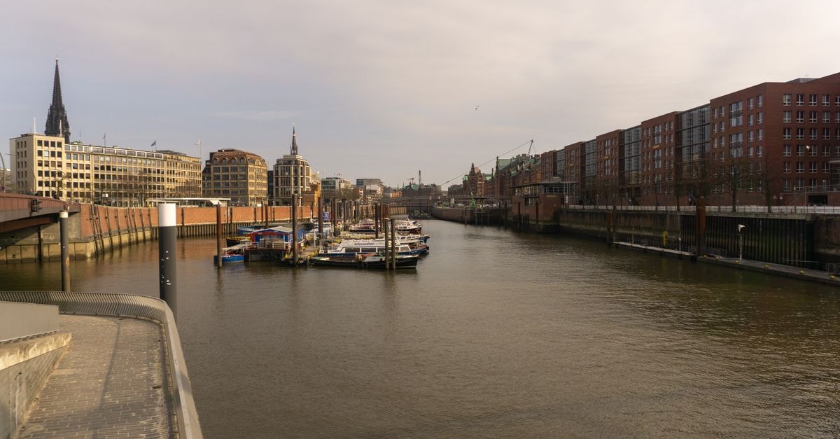 A picturesque view of the Hamburg port showcasing modern architecture and calm waters.