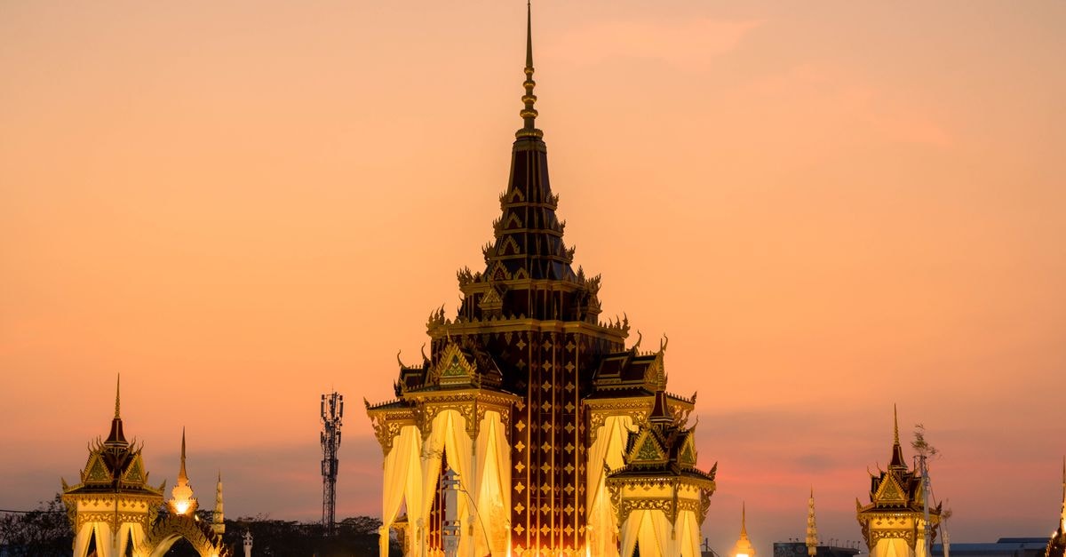 A beautiful sunset sky over ornate Cambodian architecture in Battambang.