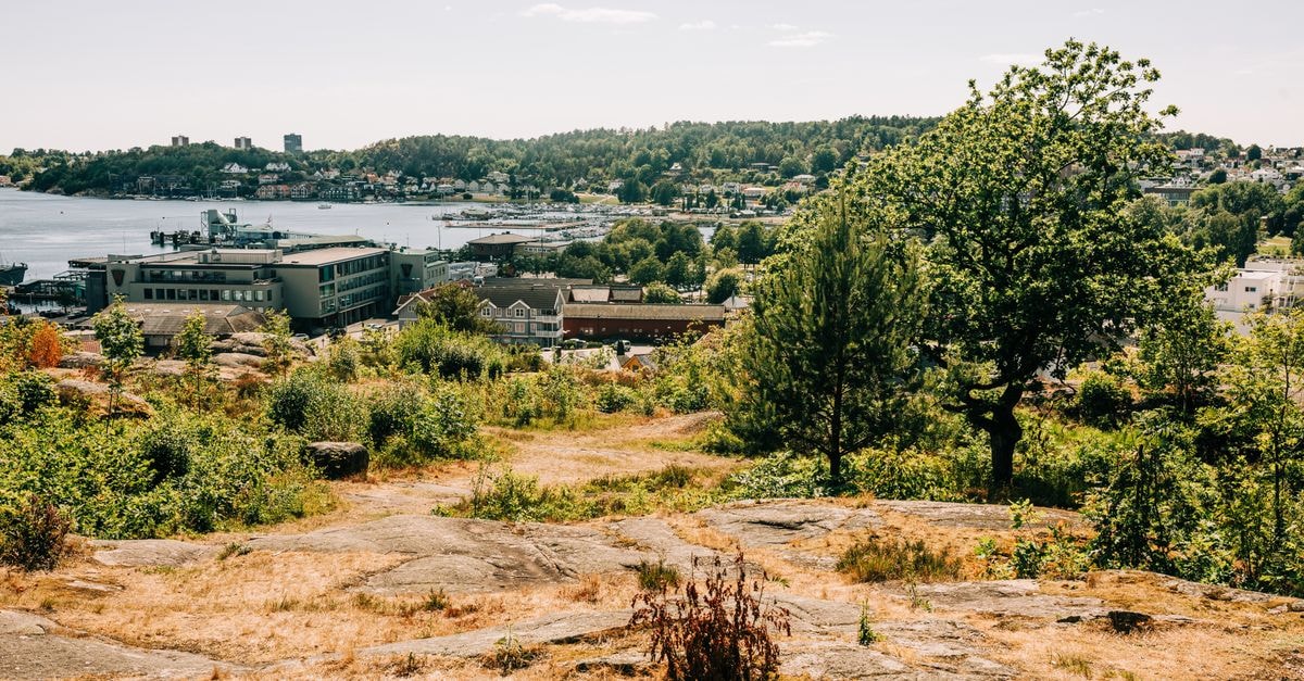 Beautiful summer landscape of Sandefjord's coastline with urban and natural elements.