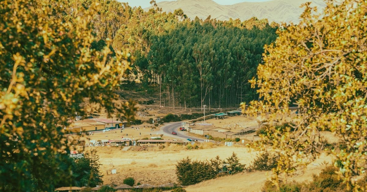 A picturesque rural landscape near Cuzco, Peru, featuring dense forests and a winding road.