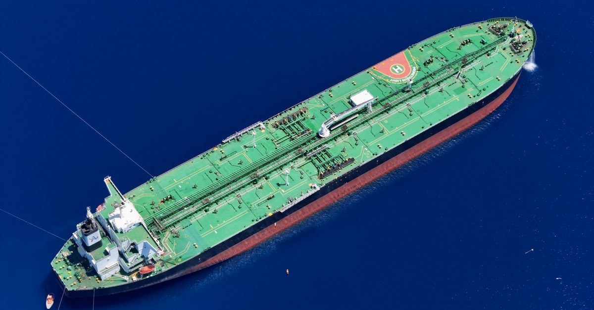 Crude Slips on US-Iran Talks Hopes Despite Strait of Hormuz Still Largely Shut Aerial shot of an oil tanker sailing in the ocean near Vado Ligure, Italy.