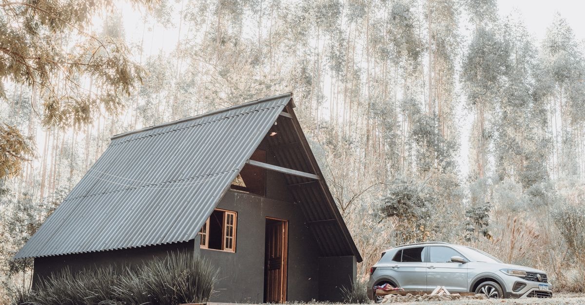 Cozy cabin in forest surrounded by trees, perfect for a serene getaway.