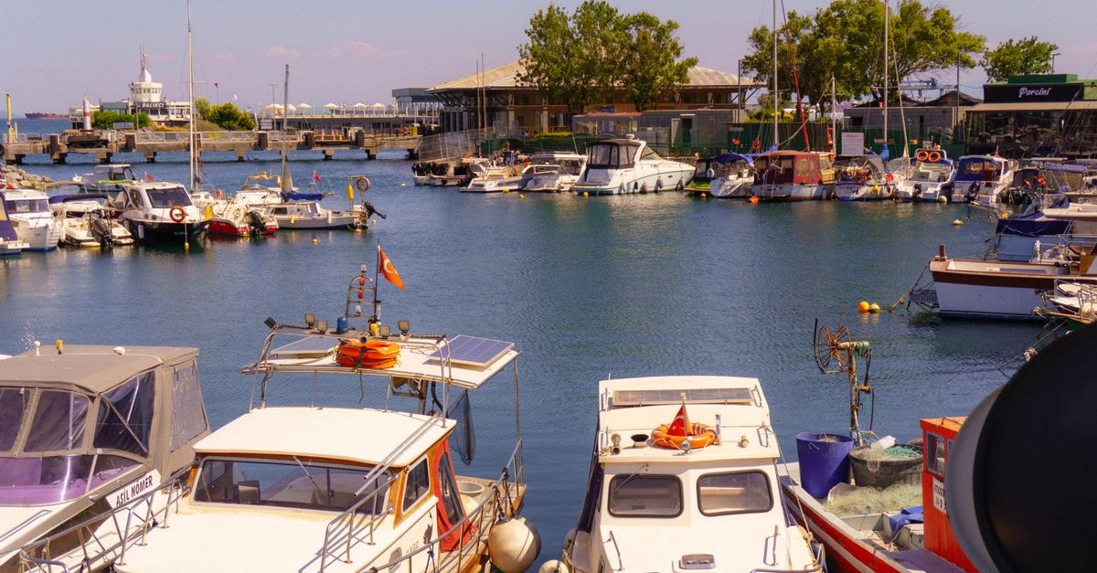 Boats moored at a lively Istanbul marina under a clear summer sky ideal for travel and leisure.