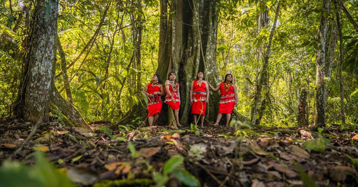 Portrait of indigenous women in traditional attire in the lush forests of San Martín, Perú.
