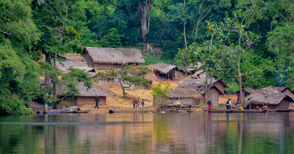 Scenic view of a rural village along a river in the lush Congo rainforest.