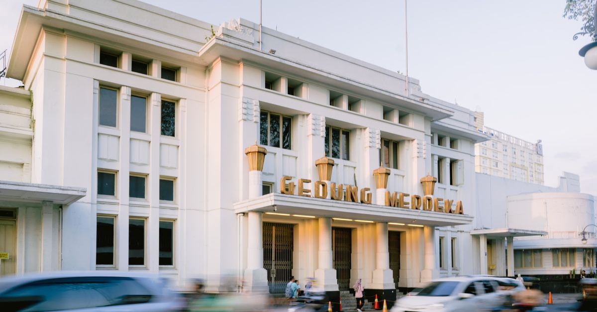 Grand Hotel Preanger, Bandung: An Art Deco Stay Near Braga Street Capture of Gedung Merdeka, a notable historic building in Bandung, Indonesia.