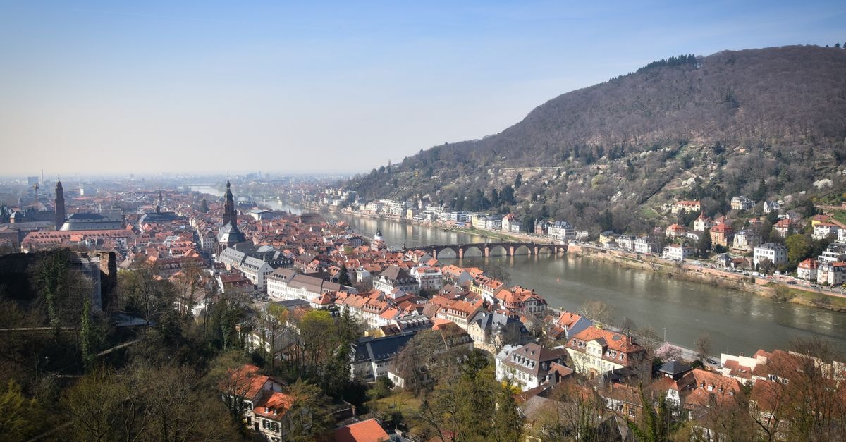 A breathtaking aerial view of Heidelberg, Germany with its iconic river and historic architecture.