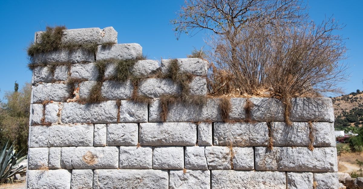 Ile-Ife travel guide: weather, transport, and ancient heritage A historical stone wall with overgrown grass in Bodrum, showcasing ancient architecture under a clear blue sky.