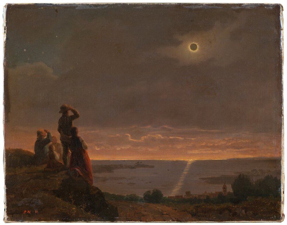Painting of people watching a solar eclipse above a darkened landscape