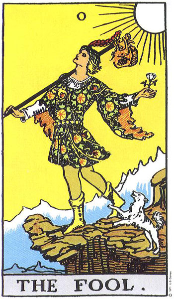 The Fool from the public-domain Rider–Waite–Smith tarot deck