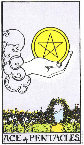 Ace of Pentacles Tarot Card Meaning: Beginnings in Work and Resources Ace of Pentacles from the public-domain Rider–Waite–Smith tarot deck