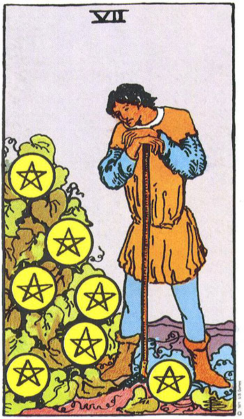 Seven of Pentacles from the public-domain Rider–Waite–Smith tarot deck