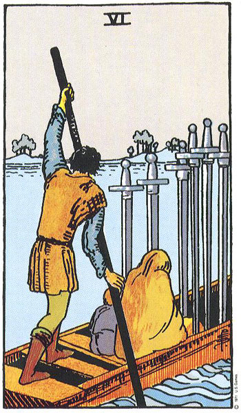 Six of Swords Tarot Card Meaning: Recovery in Thought and Communication Six of Swords from the public-domain Rider–Waite–Smith tarot deck