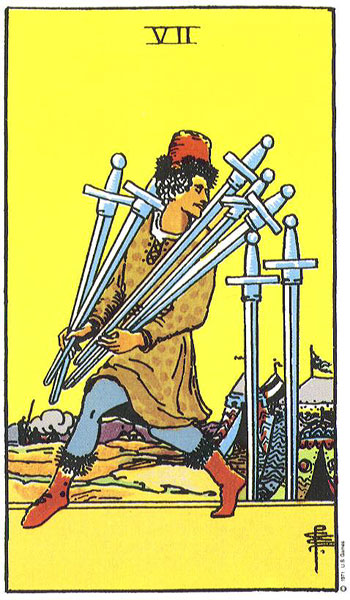 Seven of Swords from the public-domain Rider–Waite–Smith tarot deck