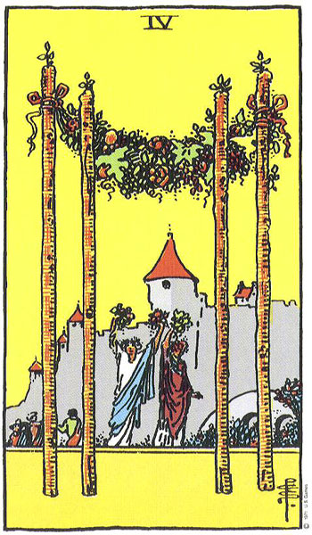 Four of Wands from the public-domain Rider–Waite–Smith tarot deck