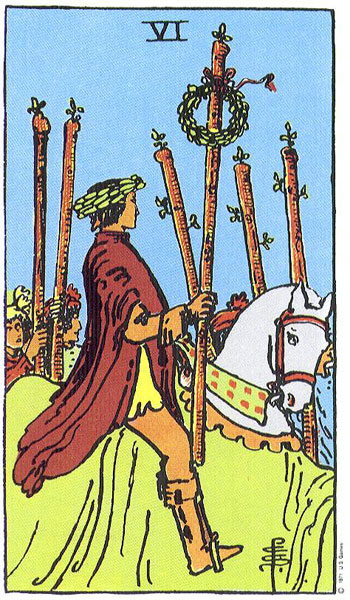 Six of Wands Tarot Card Meaning: Recovery in Creative Action Six of Wands from the public-domain Rider–Waite–Smith tarot deck